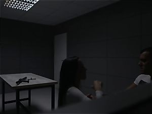 Policewoman interrogates a prisoner in an interrogation box